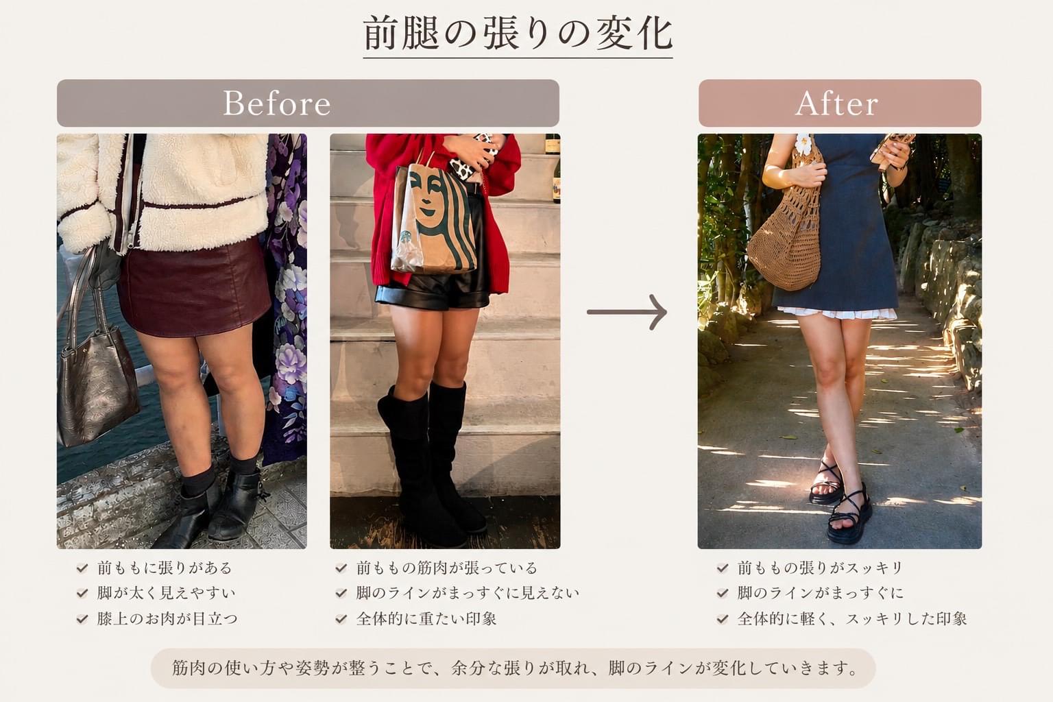 前腿の張りの変化｜ピラティス前後の脚のラインの比較